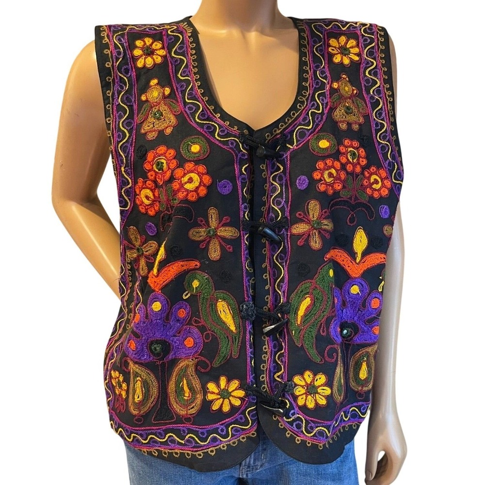 Instyle New York Black Embroidered Cotton Toggle Vest M Floral Bird